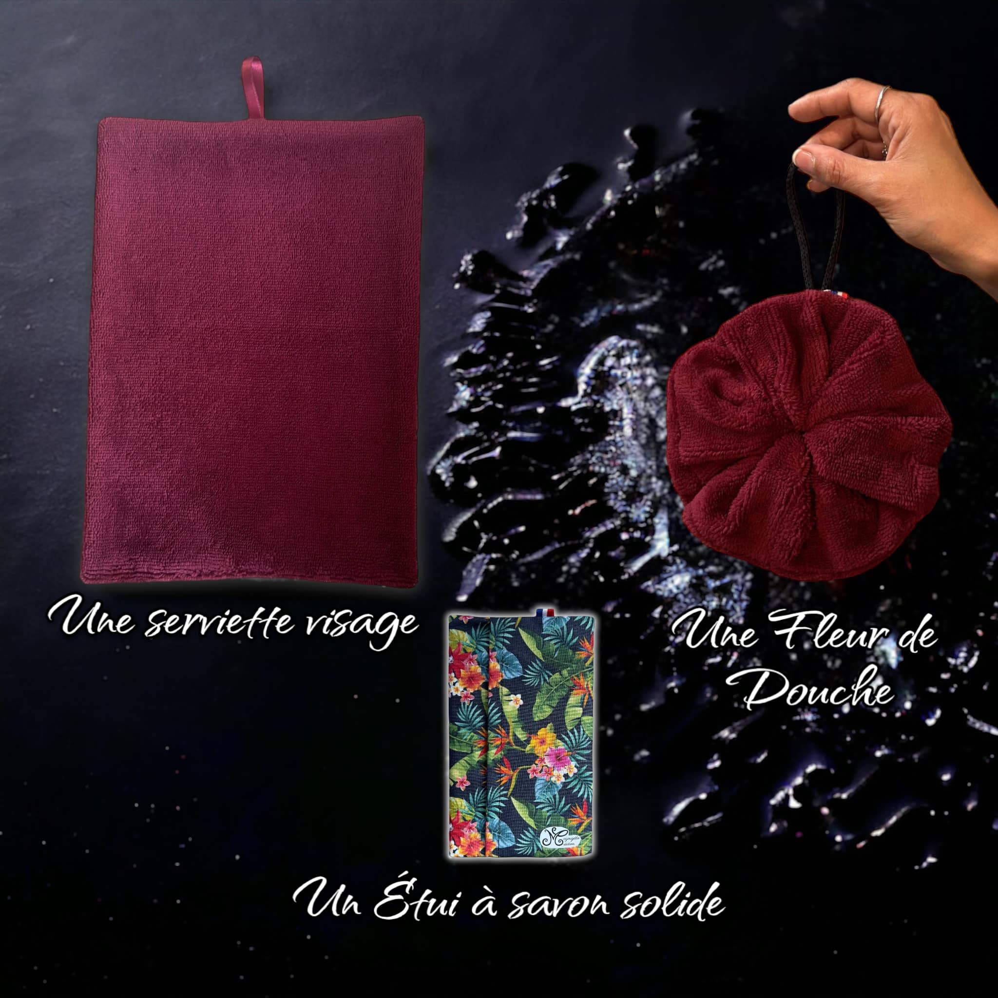 Pack Serviette visage, fleur de douche & étui à savon