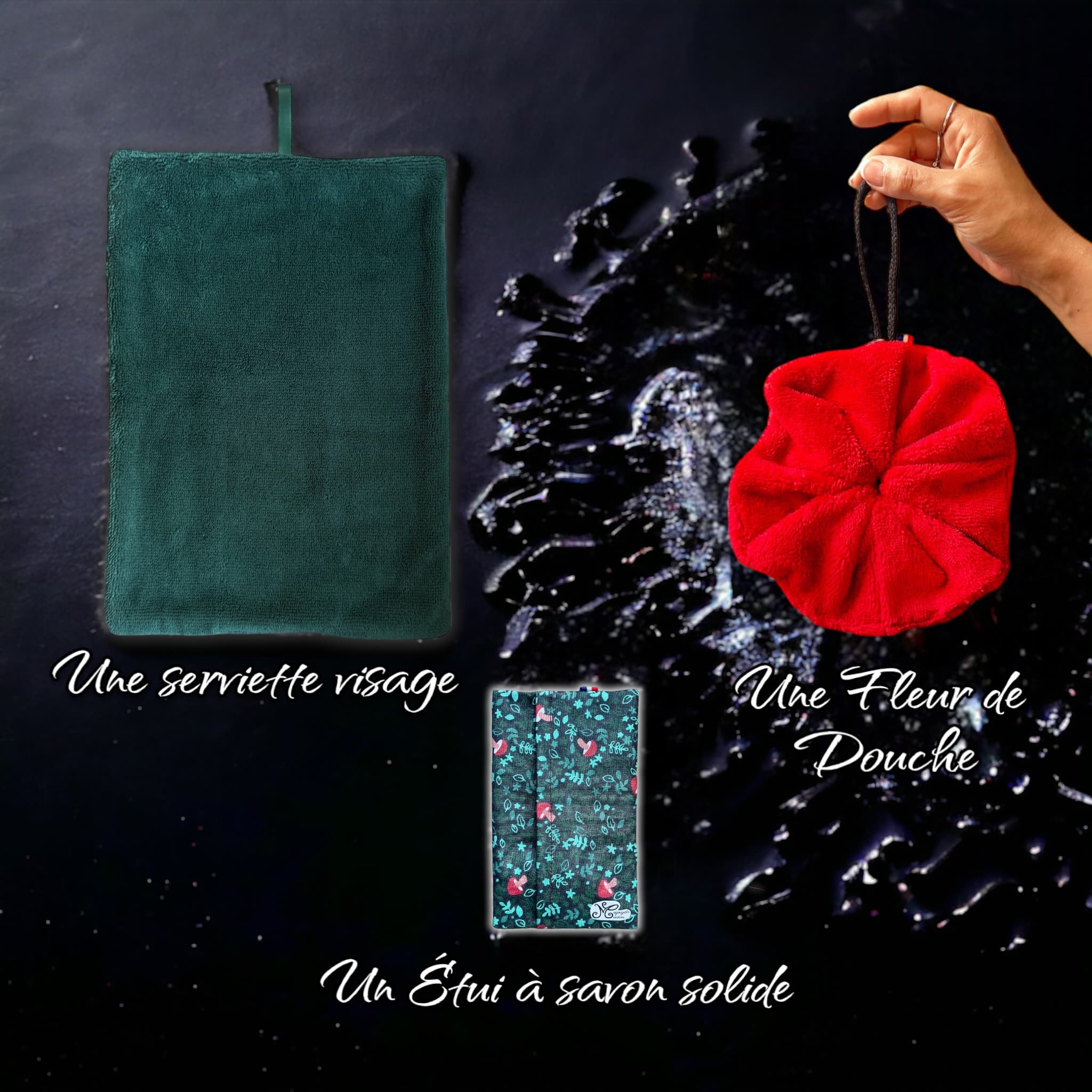Pack Serviette visage, fleur de douche & étui à savon