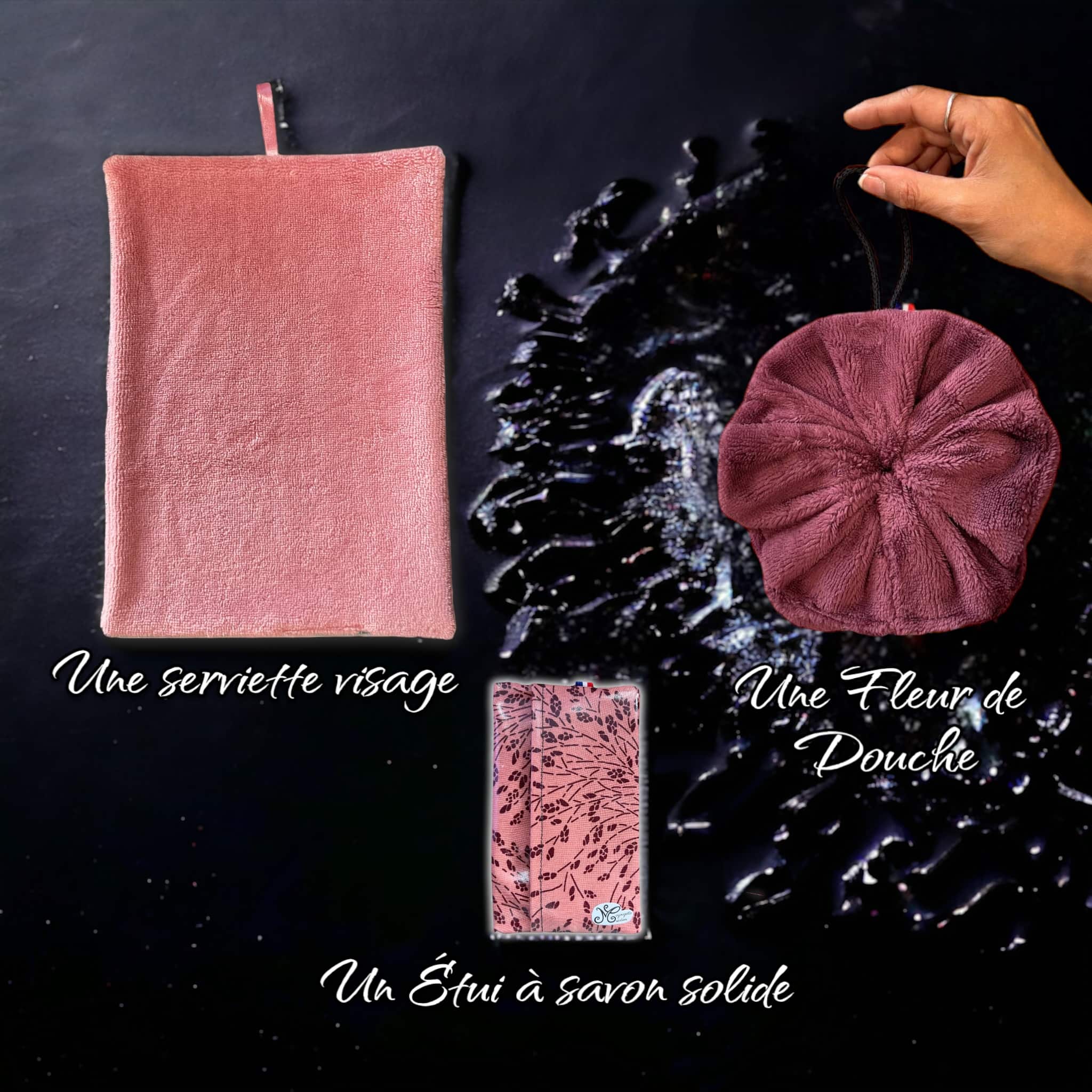 Pack Serviette visage, fleur de douche & étui à savon