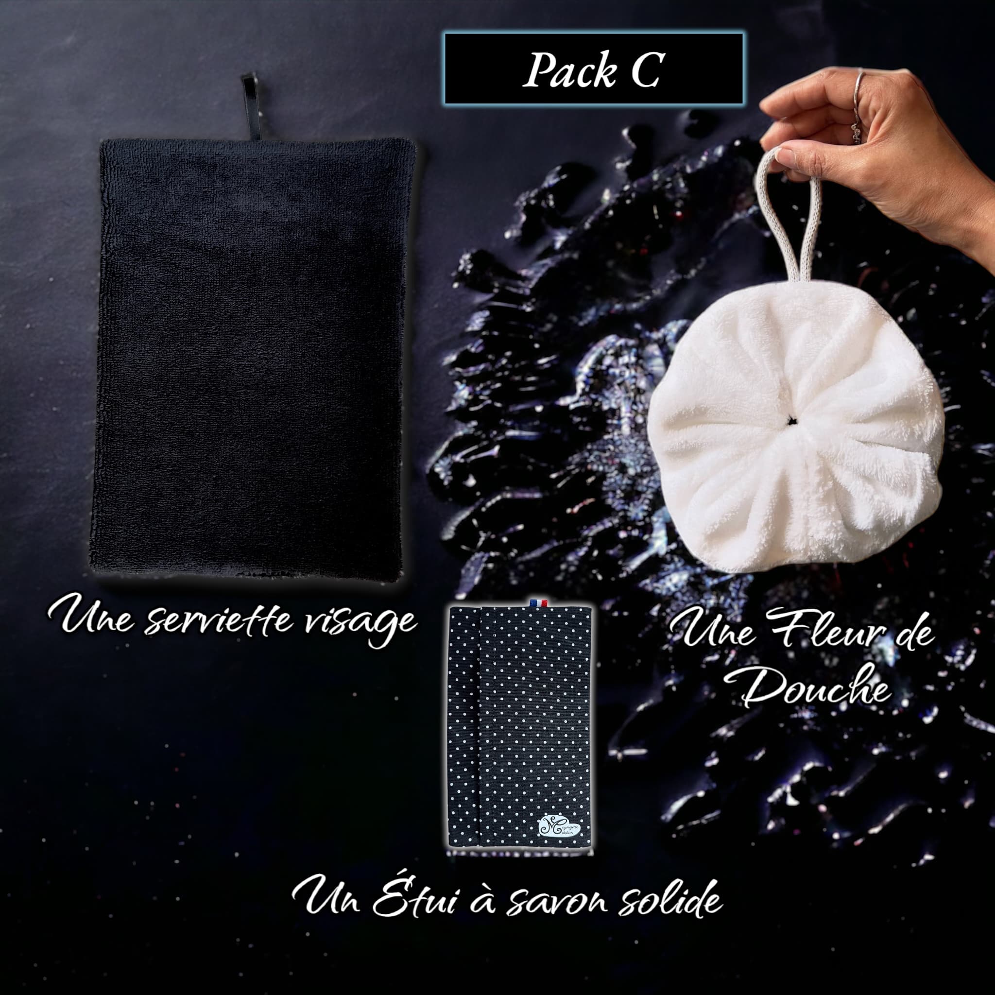Pack Serviette visage, fleur de douche & étui à savon